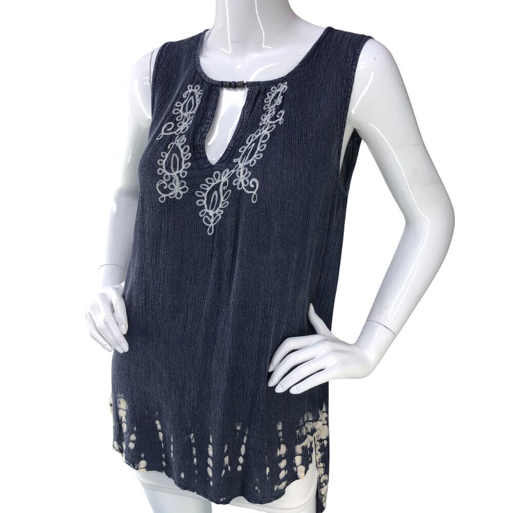 Scully Womens Size S Tank Top Round Key Hole Neck Scoop Hem Embroidered Blue